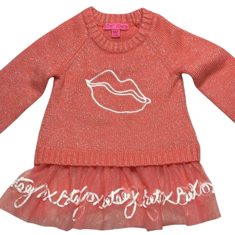 BETSEY JOHNSON Peach Pink SPARKLES Glitter Sweater Dress Tutu Balletcore 12 18 M